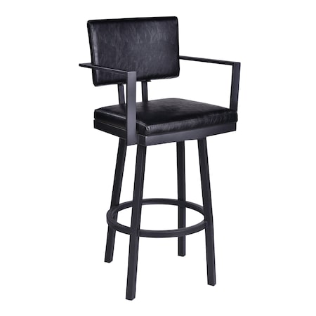 Armen Living Balboa 26" Counter Height Swivel Vintage Black Faux Leather and Metal Bar Stool with Arms LCBBARBABLVB26
